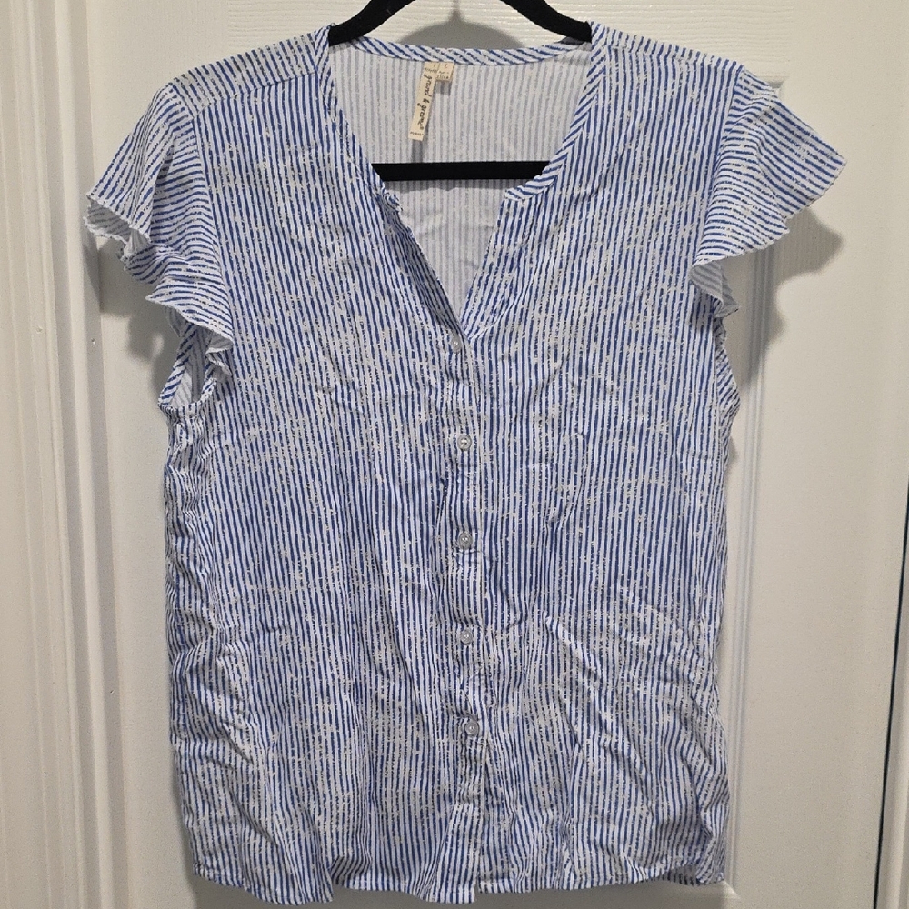 Grand & Greene, Blue and White Stripe Flutter Sleeve Button Down Shirt - Picture 3 of 13